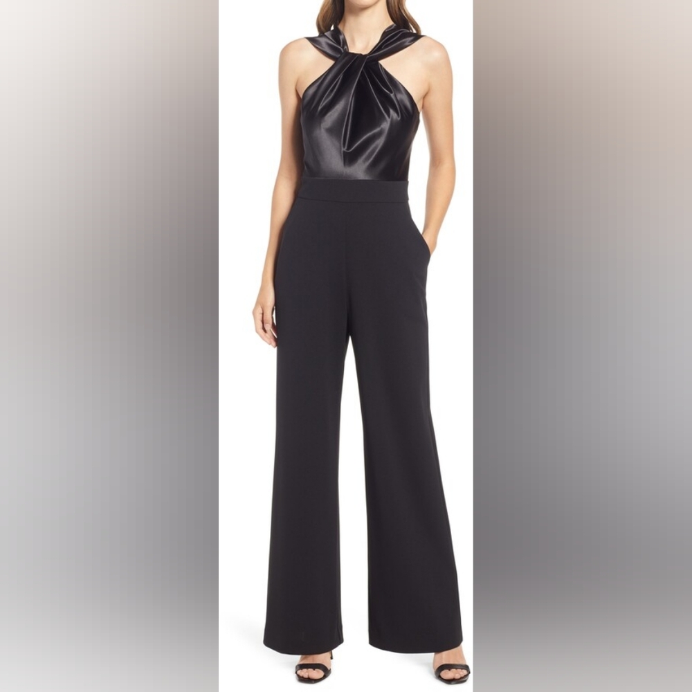 Eliza J Twist Neck Satin & Crepe Jumpsuit